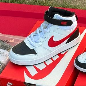 Nike Kids' White and Black Sneakers with Red Swoosh
